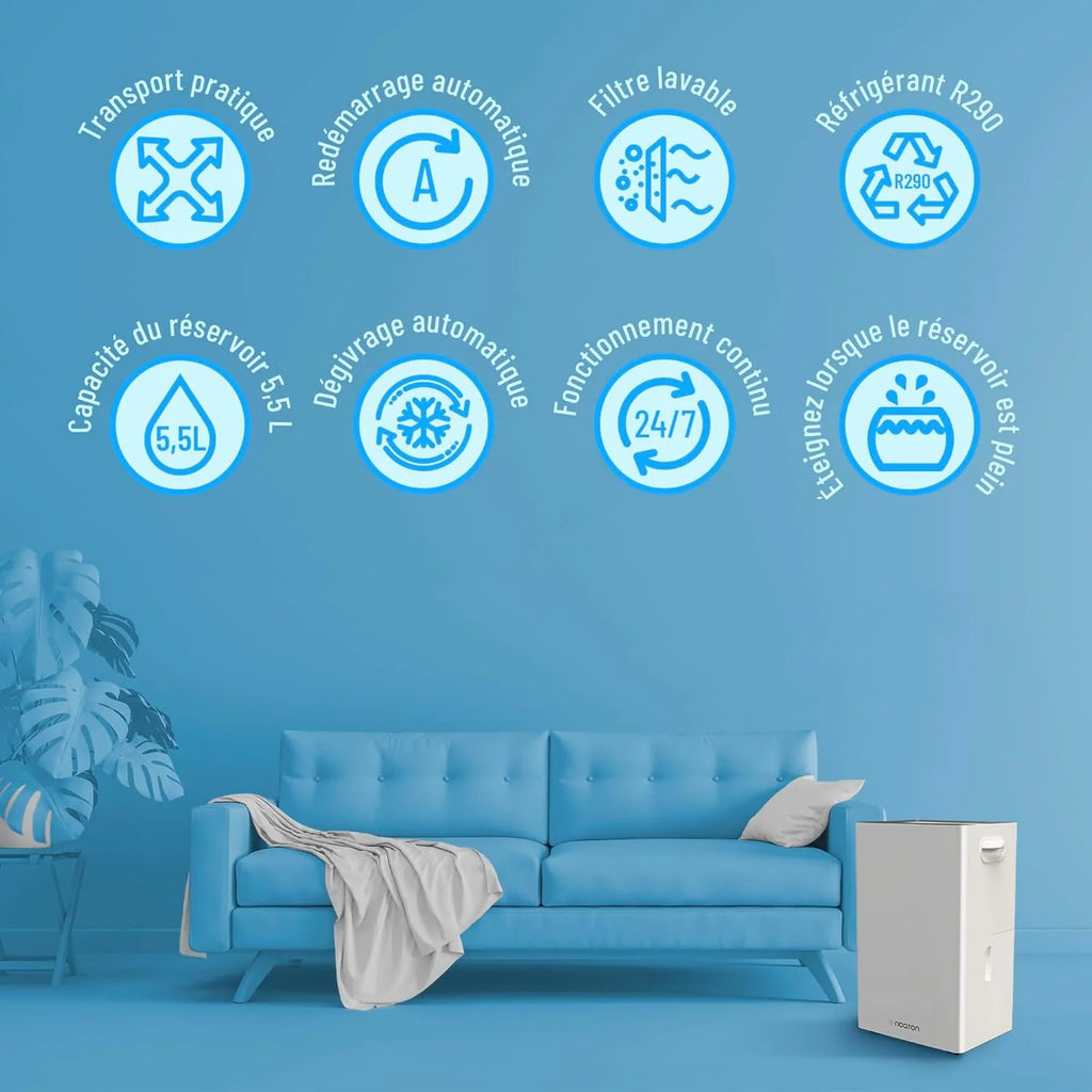 2026 Noaton Déshumidificateur Portable Silencieux, 24L/jour, Minuterie 24h, Réservoir 5,5L, Drainage Continu, avec Dégivrage
