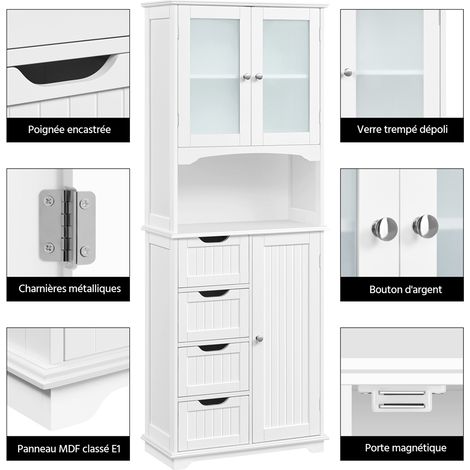 Yaheetech – Colonne de salle de bain avec 4 tiroirs – Placard 2 portes en verre trempé – Étagères réglables – MDF blanc 60 × 30 × 165,5 cm — photo 3