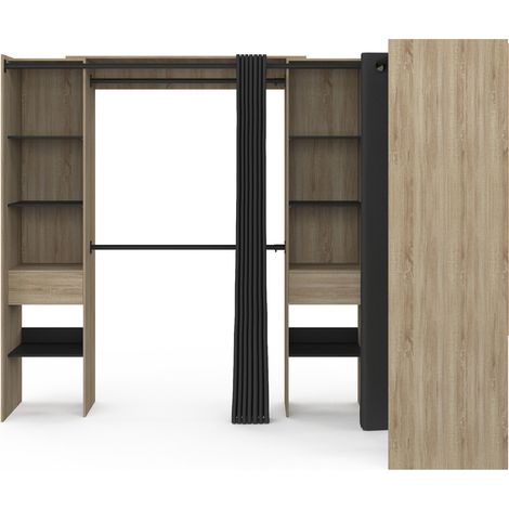 Idmarket – Dressing extensible d'angle 230 x 140 x 180 cm – Bois hêtre et noir – 4 penderies, 12 étagères, 3 tiroirs – Rideaux noirs inclus — photo 3