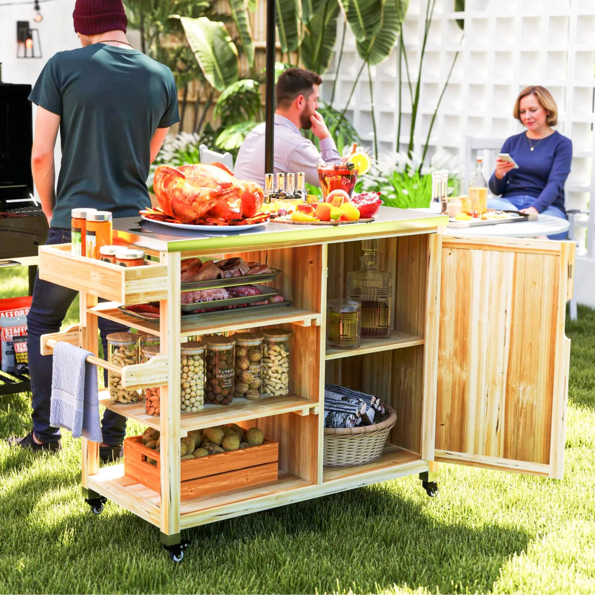2026 Outsunny Grillwagen Outdoor Kücheninsel mit Rollen Massivholz