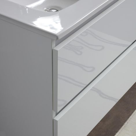 Kiamami Valentina – Meuble de salle de bain suspendu 60cm – Lavabo en céramique – 2 tiroirs avec fermeture ralentie – Finition blanc brillant — photo 5