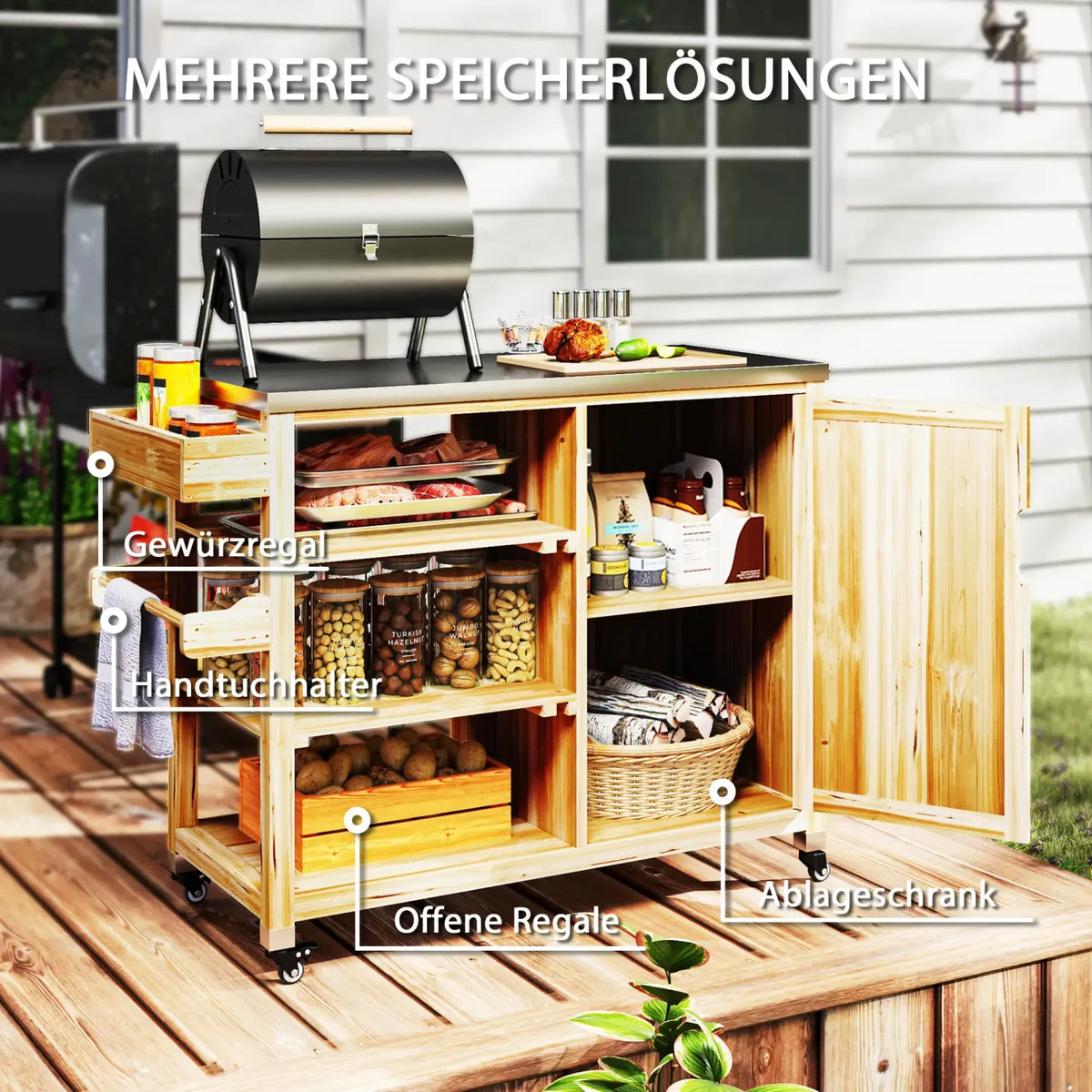 2026 Outsunny Grillwagen Outdoor Kücheninsel mit Rollen Massivholz