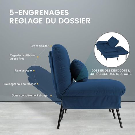 Comhoma – Canapé convertible 3 places en velours de coton – Dossier réglable 5 niveaux – Dimensions 174x55x72 cm – Pieds métalliques pour stabilité – Bleu — photo 5