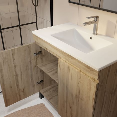 meuble de salle de bains 60 cm timber - décor chêne naturel à portes avec vasque céramique blanche — photo 2
