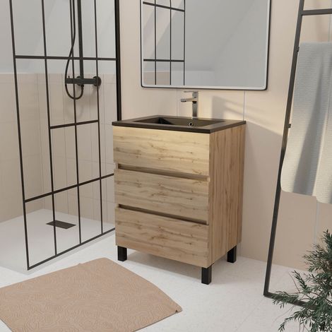 meuble de salle de bains 60 cm 3 tiroirs chêne naturel + vasque céramique noire - timber — photo 1