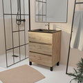 meuble de salle de bains 60 cm 3 tiroirs chêne naturel + vasque céramique noire - timber — photo 1