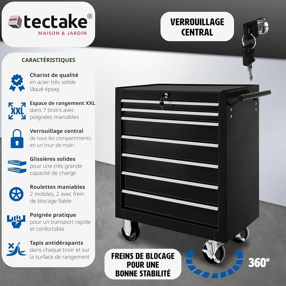 2026 TecTake® Chariot d'atelier Metallique Servante d'atelier Vide Trolley Professionnel 7 Tiroirs spacieux Verrouillabl