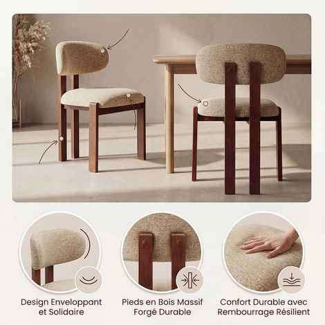 COLAMY Chaise,Lot de 2 chaises de salle à manger en chenille,bois massif marron, assise confortable,style nordique,camel — photo 4