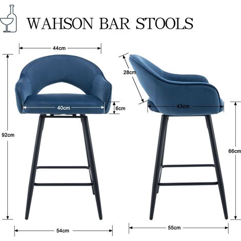 Wahson Tabouret de Bar en Velours, Lot de 2 Tabouret Rotation de 360 Degré Chaise Bar de Pied en Métal avec Repose-Pieds pour Bar, Bleu — photo 2