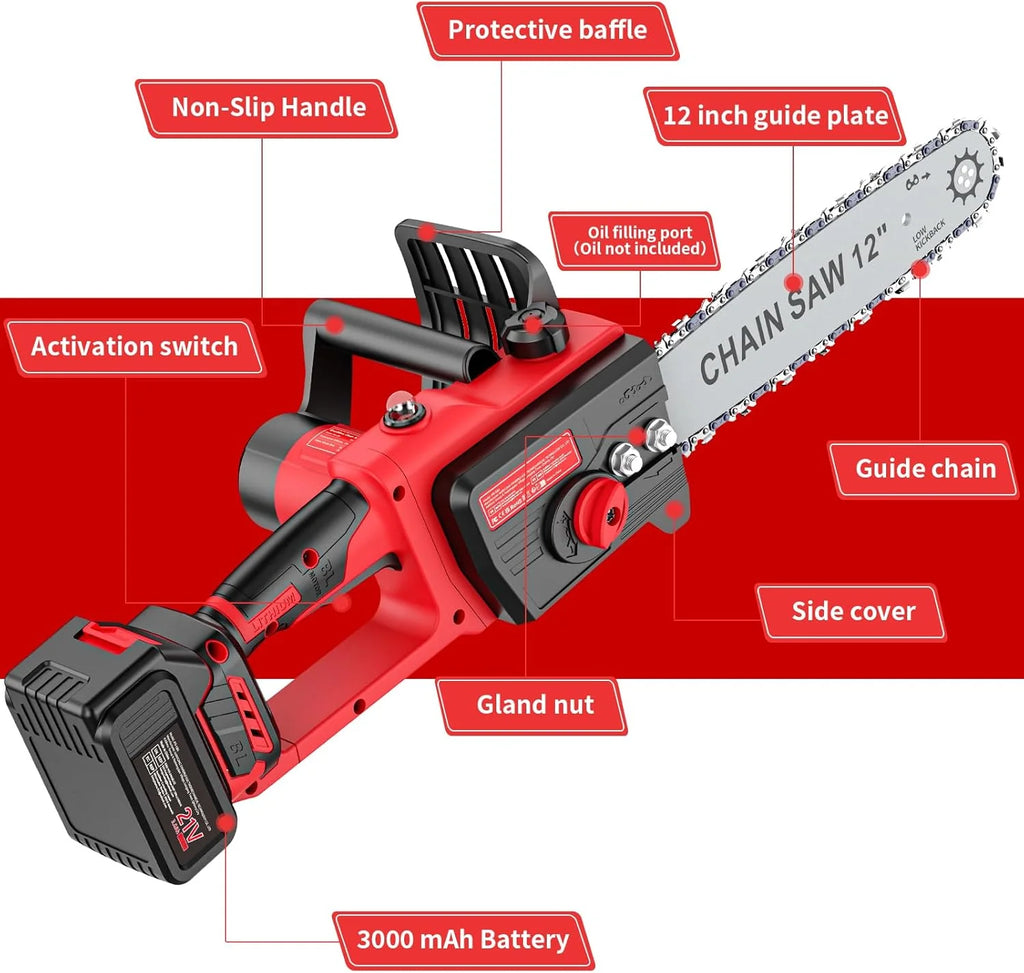 2026 Brushless Trononneuse avec batterie 3000mAh * 2, 12 pouces scie à chane électrique sans fil, scie à chane électrique à u