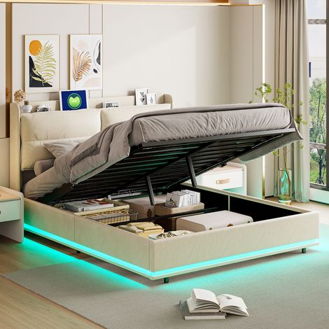 Pergar – Lit coffre 140x200 avec sommier – Tissu velours beige – Dossier moelleux – Recharge sans fil avec ports USB et Type-C – LED réglable — photo 1