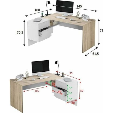 Bureau d'angle réversible en mélaminé – Chêne canadien et blanc Artik – 145 cm longueur x 108 cm profondeur x 73 cm hauteur – 3 tiroirs spacieux – Dimaplast — photo 2