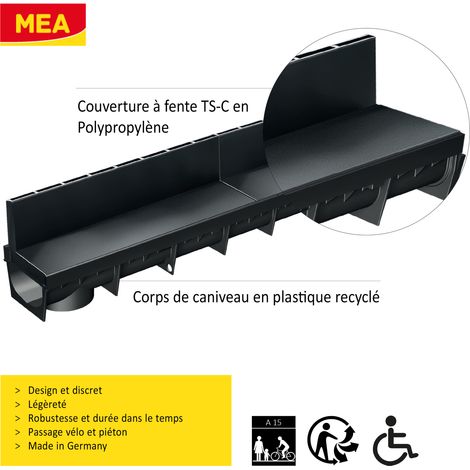 MEA – Pack de 6 caniveaux extérieurs A15 avec grille à fente en PP recyclé – Largeur utile 10cm – Drainage efficace pour terrasse et piscine — photo 2