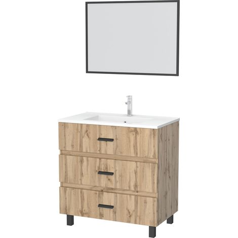 meuble de salle de bain 80 cm - chêne industriel - 3 tiroirs - vasque et miroir — photo 6