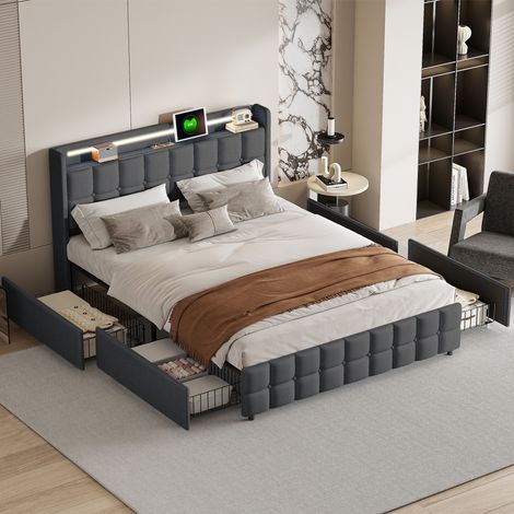 Lit double capitonné 160x200 cm, avec 4 tiroirs, éclairage LED, ports et prises USB, sommier à lattes, linge, lit queen size - Gris — photo 2