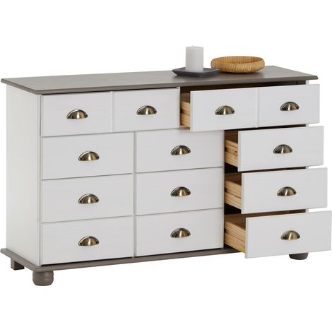 Idimex – Commode enfant en pin massif blanc/taupe – 11 tiroirs – Dimensions 73 x 117 x 35 cm (H x L x P) – Poignées coquille en métal bronze — photo 3