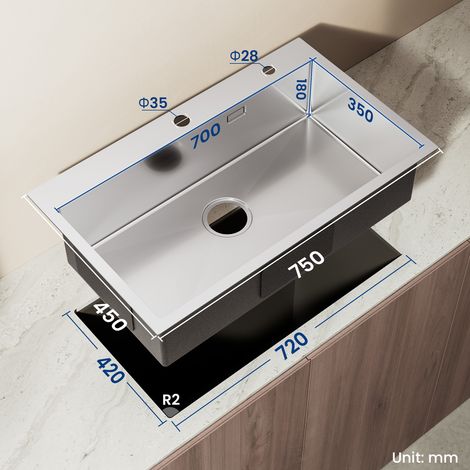 Évier Cuisine en Inox 75 x 45 x 19 CM Évier 1 Bac avec Égouttoir pliable et Système de Drainage, Évier à Encastrer pour Meuble de 80 cm — photo 3