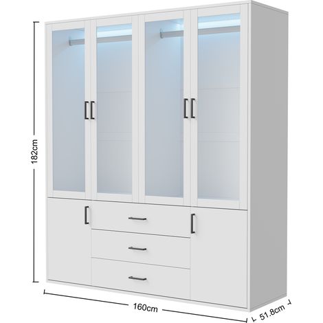 Armoire 160x51.8x182 cm avec 4 portes transparentes, 3 tiroirs， penderie - éclairage d'ambiance réglable - moderne，verre et bois - blanc — photo 3