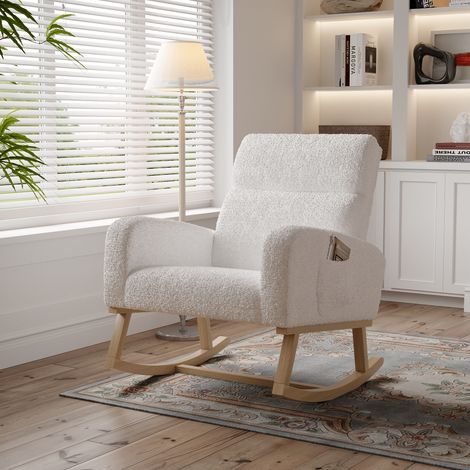 Eifson – Fauteuil à bascule scandinave en tissu sherpa – Dossier inclinable – Accoudoirs avec poches de rangement – Pieds en bois massif – 69x78x87cm — photo 3