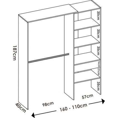 Befara – Dressing ouvert avec tiroir 160-110 cm – 3 étagères fixes 57 x 40 cm – Matériau mélamine haute résistance – Blanc — photo 4