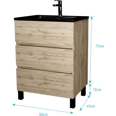 meuble de salle de bains 60 cm 3 tiroirs chêne naturel + vasque céramique noire - timber — photo 5