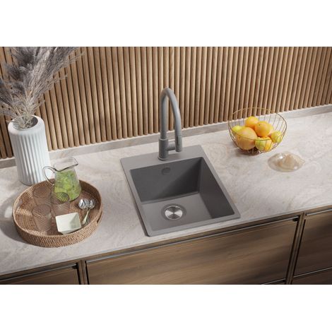 PRIMAGRAN Evier Cuisine en Granit 38x50cm, Lavabo 1 bac + Kit de Vidage, Évier à Encastrer au meuble 40cm - Riga, Gris — photo 2