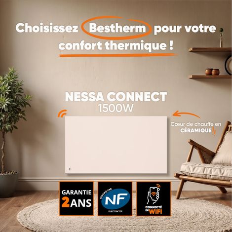Radiateur électrique fixe connecté WIFI à inertie sèche céramique 1500W Bestherm NESSA CONNECT horizontal blanc — photo 3