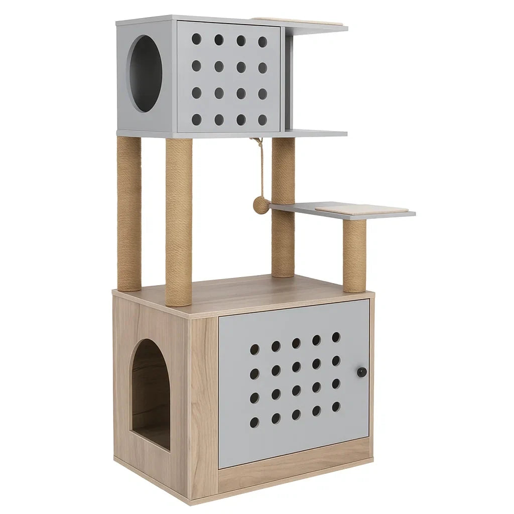 2026 Arbre à chat en bois et MDF avec corde de sisal