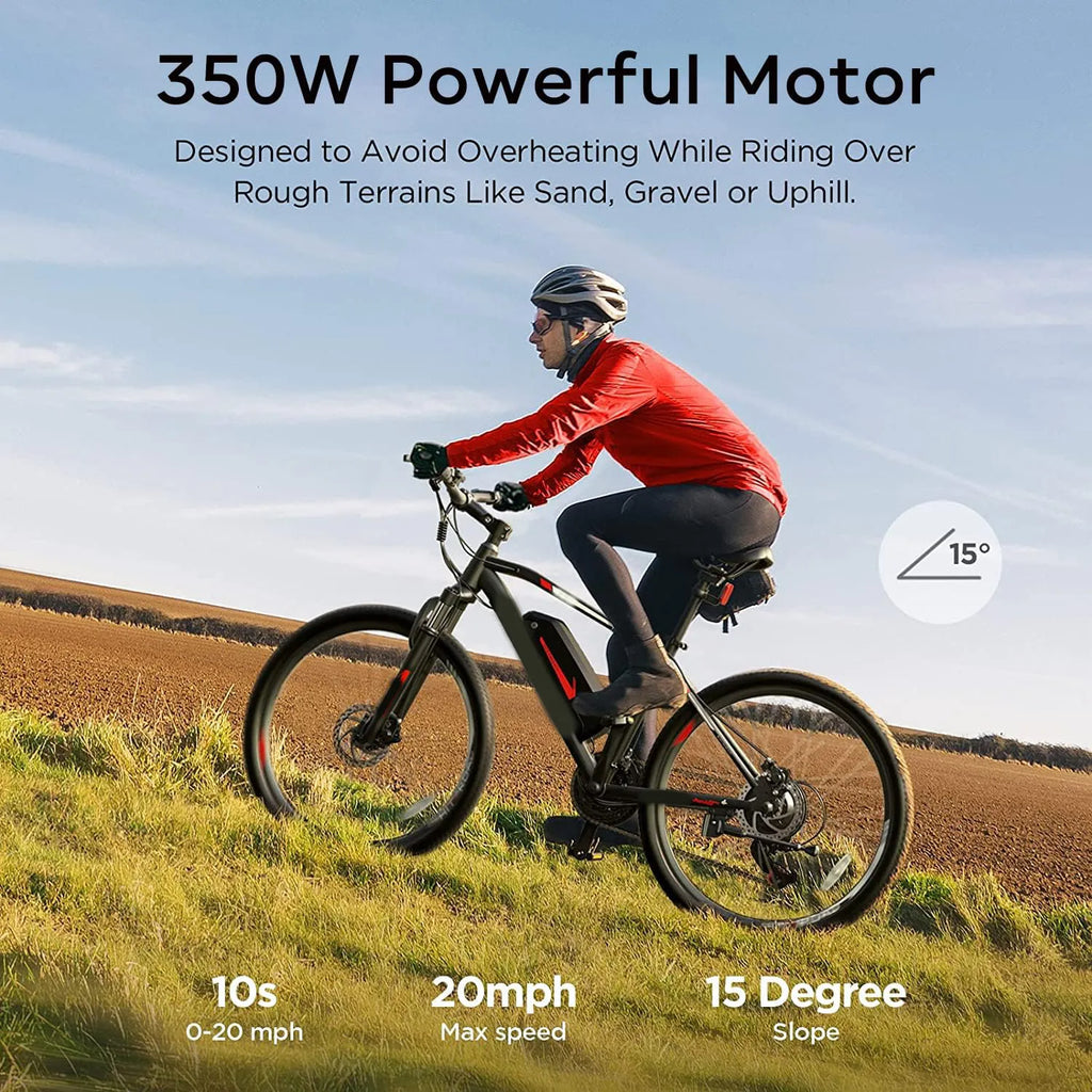 Electric Bike, 350W Powerful Motor with 13AH Removable Battery, Shimano 21 Speed, Up to 46 Miles Per Charge, 26 Inches Wheels, Mountain Electric Bicycle for Adults Black