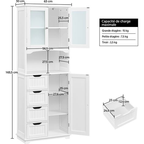 Yaheetech – Colonne de salle de bain avec 4 tiroirs – Placard 2 portes en verre trempé – Étagères réglables – MDF blanc 60 × 30 × 165,5 cm — photo 4