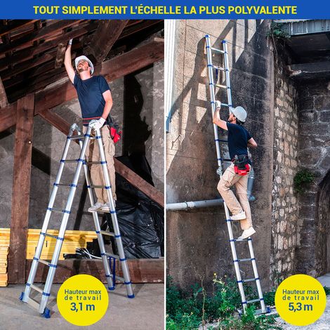 Echelle télescopique articulée 4,4m STEMPAKT, escabeau 2x7 marches pliable professionnel multifonction, H max travail 5,3m, garantie 5 ans, Hoström — photo 2