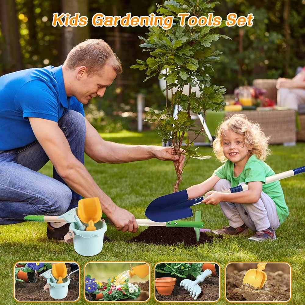 2026 Mostop Kit d'outils de jardinage pour enfants - Jouet avec brouette, pelle en métal, râteau, râteau, chariot de jardin e