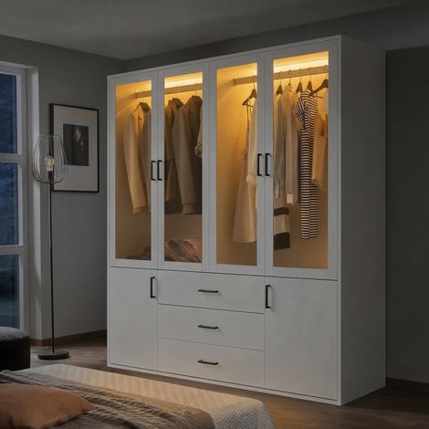 Armoire 160x51.8x182 cm avec 4 portes transparentes, 3 tiroirs， penderie - éclairage d'ambiance réglable - moderne，verre et bois - blanc — photo 1