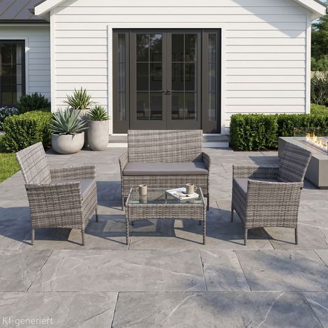 Svita – Ensemble de salon de jardin 4 pièces – Canapé en polyrotin gris – Table avec plateau en verre – Fauteuils avec coussins déperlant — photo 2