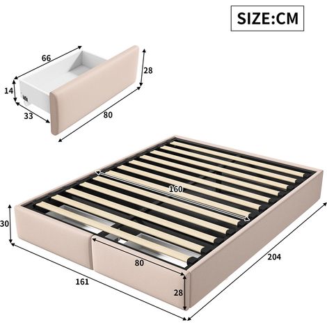 Lit coffre 160x200 cm, avec hydraulique de rangement, 2 tiroirs, sommier à lattes en bois, cadre en métal, lit capitonné en lin - Beige — photo 5