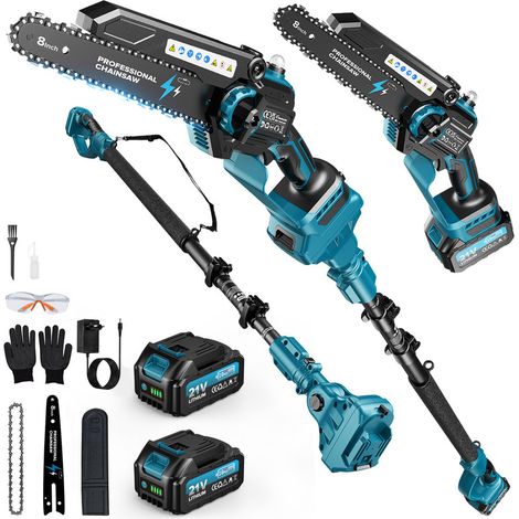 Tronçonneuse télescopique 8 pouces – Moteur Brushless 1200W – 2 batteries 4000 mAh – Extension jusqu'à 4m pour élagage précis - 2-en-1 — photo 1
