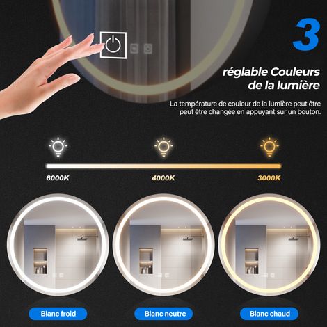 SIRHONA Armoire de toilette ronde à LED avec prise rasoir désembuage 3 modes d'éclairage 600x600mm Armoire murale de salle de bain — photo 4
