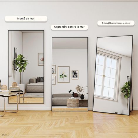 Koonmi Miroir sur pied pleine longueur, 180x76 cm, Corporel Robuste avec Cadre Aluminium, Miroir Mural Moderne à Poser ou Suspendre pour Salon, Chambre à Coucher, Design Minimaliste, Noir — photo 4