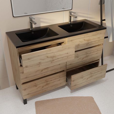 meuble de salle de bains 120 cm 6 tiroirs chêne naturel + vasque double céramique noire - timber — photo 2