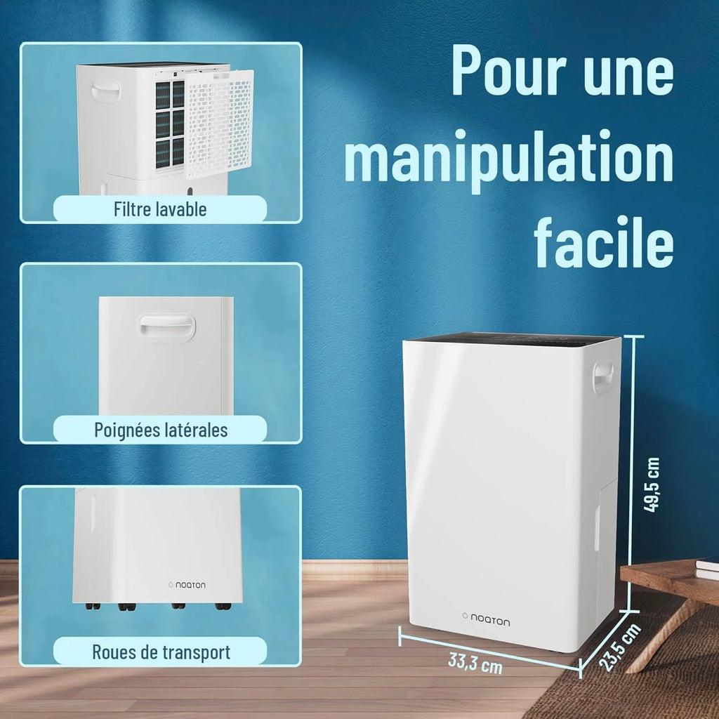 2026 Noaton Déshumidificateur Portable Silencieux, 24L/jour, Minuterie 24h, Réservoir 5,5L, Drainage Continu, avec Dégivrage