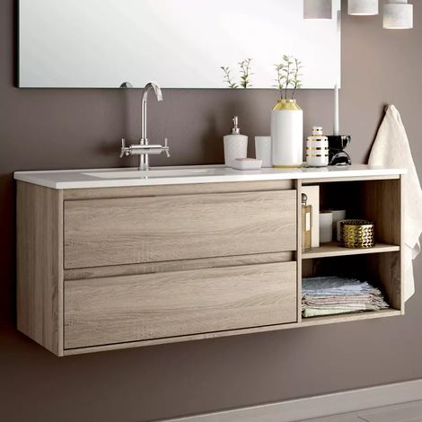 Meuble de salle de bain 120cm vasque déportée - 2 tiroirs et 2 niches - sans miroir - cambrian (chêne clair) - OLYMPE — photo 1