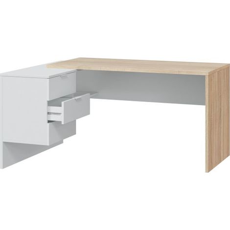 Bureau d'angle réversible en mélaminé – Chêne canadien et blanc Artik – 145 cm longueur x 108 cm profondeur x 73 cm hauteur – 3 tiroirs spacieux – Dimaplast — photo 6