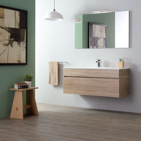 Kiamami Valentina – Meuble de salle de bain suspendu 120 cm en chêne Well – 1 tiroir spacieux – Lavabo en céramique – Miroir 60 cm — photo 1