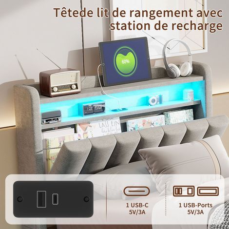 Dans Les Nuages – Lit coffre 90x190 cm avec éclairage LED – Tête de lit de rangement – Étagères intégrées – Sommier à lattes en bois – Velours gris — photo 4