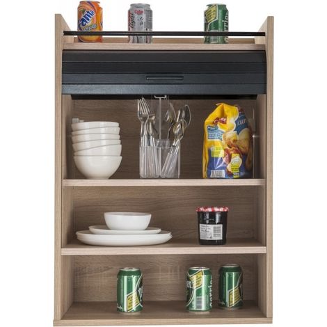 Beaux Meubles Pas Chers – Meuble de cuisine imitation chêne avec rideau noir ou blanc – 4 niches ouvertes – Dimensions 54 x 76.6 x 35.4 cm – Fixation murale incluse — photo 5