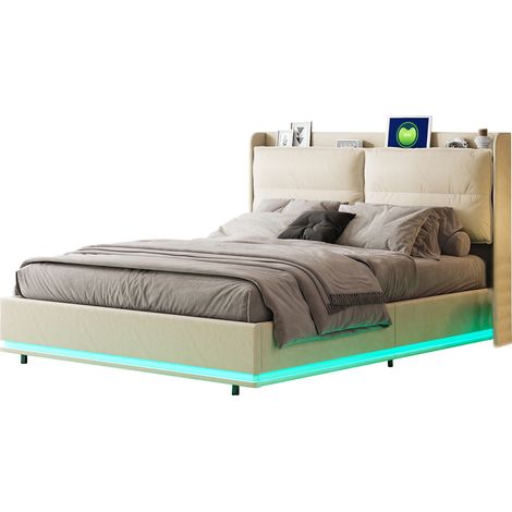 Lit coffre 140x190 cm, 2 places, avec LED, rangement, USB-A/C, sans fil charge, sommier à lattes en bois, cadre en métal, lit capitonné en velours - Beige — photo 2