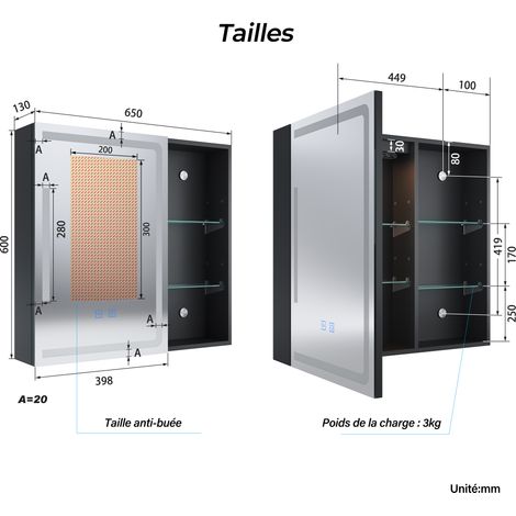 SIRHONA Armoire murale de salle de bain avec prise rasoir 3 modes d'éclairage 650x600mm Armoire de salle de bain design à rangement ouvert — photo 5