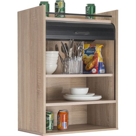 Beaux Meubles Pas Chers – Meuble de cuisine imitation chêne avec rideau noir ou blanc – 4 niches ouvertes – Dimensions 54 x 76.6 x 35.4 cm – Fixation murale incluse — photo 4