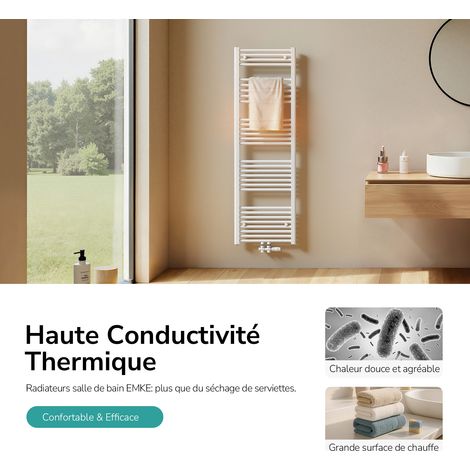 EMKE Sèche-serviette eau chaude, Radiateur sèche-serviettes raccordement central  Blanc 160x60cm 761 Watts — photo 2