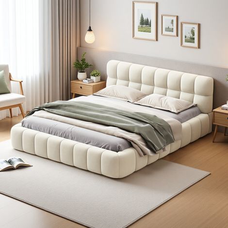 Lit double 160x200 cm, avec tête de lit en forme de guimauve, sommier à lattes en bois, cadre en métal, lit capitonné en coton et lin - Beige — photo 1
